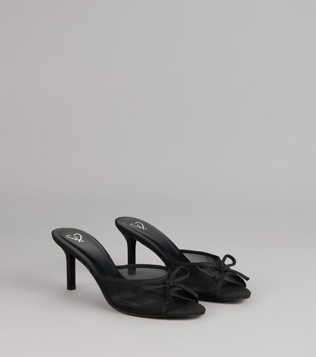 Polished Sweet Bow Detail Mesh Mule Heels